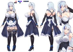 Rule 34 | 1girl, absurdres, apron, arm up, ass, back, bare shoulders, black footwear, black gloves, black thighhighs, blue eyes, blue hair, blue skirt, boots, breasts, bridal gauntlets, character sheet, cleavage, closed mouth, corset, cross-laced footwear, detached collar, elbow gloves, from side, glasses, gloves, hand on own hip, head tilt, heterochromia, high heel boots, high heels, highres, lace-up boots, large breasts, licking lips, light blue hair, long hair, looking at viewer, maid, maid headdress, multiple views, original, pigeon-toed, profile, purple eyes, shoulder blades, sideboob, skirt, smile, standing, thighhighs, thighhighs under boots, tongue, tongue out, toriatto gununu, waist apron
