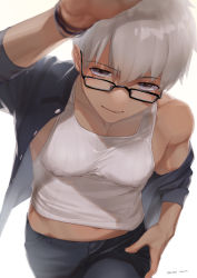 Rule 34 | 1boy, archer (fate), archer (summer casual) (fate), arm up, artist name, backlighting, bare shoulders, black-framed eyewear, black pants, black shirt, covered erect nipples, cowboy shot, dark-skinned male, dark skin, dated, dress shirt, fate/grand order, fate (series), glasses, grey hair, highres, looking at viewer, looking over eyewear, male focus, midriff, navel, off shoulder, open clothes, open shirt, pants, pectorals, puffy chest, reaching, reaching towards viewer, rectangular eyewear, ribbed tank top, shirt, short hair, signature, simple background, sleeves rolled up, smile, solo, standing, tank top, taut clothes, taut shirt, tawapo, unbuttoned, white tank top, wristband