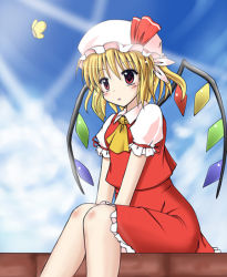 Rule 34 | 1girl, blonde hair, blush, bug, butterfly, cloud, day, exe (artist), female focus, flandre scarlet, hat, insect, light rays, mob cap, red eyes, short hair, sitting, sky, solo, sunbeam, sunlight, touhou, wings, xe (execut3r)