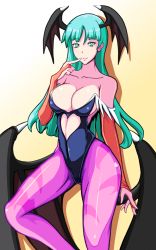 Rule 34 | 1girl, animal print, bare shoulders, bat print, bat wings, breasts, bridal gauntlets, capcom, cleavage, demon girl, gel (guyver123), green eyes, green hair, head wings, large breasts, leotard, long hair, morrigan aensland, demon girl, vampire (game), wings