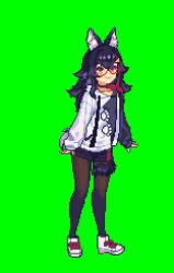 Rule 34 | 1girl, :3, animal ear fluff, animal ears, animated, black hair, black hoodie, black shorts, brown eyes, fang, glasses, green background, green screen, hololive, hood, hoodie, long hair, multicolored hair, ookami mio, ookami mio (casual), open hands, open mouth, pantyhose, pixel art, red hair, short shorts, shorts, smile, solo, streaked hair, tail, tail around own leg, tail wrap, tengu nouzu, two-tone hoodie, video, virtual youtuber, white hoodie, wolf ears, wolf girl, wolf tail
