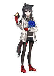 Rule 34 | 1girl, absurdres, animal ear fluff, animal ears, arknights, black hair, black pantyhose, black shorts, boots, cd case, chihuri, closed mouth, collared shirt, ear piercing, full body, gloves, grey shirt, hand up, highres, holding, jacket, pantyhose under shorts, long hair, long sleeves, looking at viewer, multicolored hair, open clothes, open jacket, pantyhose, piercing, red eyes, red footwear, red gloves, red hair, shirt, short shorts, shorts, simple background, solo, sora (arknights), standing, streaked hair, sweater vest, tail, texas (arknights), white background, white jacket