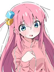 Rule 34 | 1girl, alternate breast size, blue eyes, blush, bocchi the rock!, breasts, cube hair ornament, gotoh hitori, hair between eyes, hair ornament, hand up, highres, jacket, long hair, long sleeves, nose blush, one side up, parted lips, pink hair, pink jacket, simple background, sleeves past wrists, small breasts, solo, sweat, tosyeo, track jacket, upper body, very long hair, wavy mouth, white background