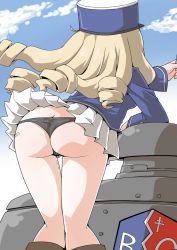 Rule 34 | 1girl, ass, bandaid, bandaid on ass, bc freedom (emblem), bc freedom military uniform, black panties, blonde hair, butt crack, cloud, drill hair, emblem, from behind, girls und panzer, hat, long hair, marie (girls und panzer), military, military uniform, military vehicle, miniskirt, motor vehicle, outdoors, panties, pantyshot, pleated skirt, shiny clothes, skirt, sky, solo, standing, tank, thong, translation request, underwear, uniform, upskirt, white skirt, zannen na hito