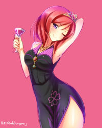 Rule 34 | 10s, 1girl, 2014, alcohol, armpits, bare shoulders, breasts, china dress, chinese clothes, cleavage, dress, glass, hair ornament, highres, jewelry, long hair, looking at viewer, love live!, love live! school idol festival, love live! school idol project, necklace, nishikino maki, one eye closed, pink background, purple eyes, red hair, simple background, smile, solo, song name, tiara, wine, yu-ta