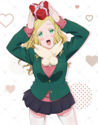 Rule 34 | 1girl, alternate costume, arms up, blazer, blonde hair, blush, blush stickers, box, breasts, carol olston, cowboy shot, gift, gift box, green eyes, green jacket, heart, highres, holding, holding gift, incoming gift, jacket, large breasts, legs apart, long hair, long sleeves, looking at viewer, open mouth, pink sweater, pleated skirt, polka dot, polka dot background, scarf, school uniform, skirt, smile, solo, sweater, thighhighs, tomo-chan wa onna no ko, white thighhighs