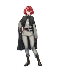Rule 34 | 1girl, absurdres, belt, boots, cloak, contrapposto, full body, graphite (medium), hand on own hip, highres, medieval, onceskylark, original, red eyes, red hair, short hair, smile, solo, standing, traditional media, white background