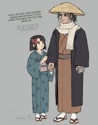 Rule 34 | 2boys, age difference, androgynous, black eyes, black hair, blue kimono, bob cut, bright pupils, brown eyes, closed mouth, coat, crossdressing, emlan, english text, facial hair, grey background, hair ribbon, holding hands, hat, height difference, japanese clothes, kimono, kuro the divine heir, long sleeves, looking at another, male focus, multiple boys, obi, pink sash, ponytail, prosthesis, prosthetic arm, ribbon, rice hat, sandals, sash, scar, scar across eye, scar on face, scarf, sekiro, sekiro: shadows die twice, signature, simple background, smile, socks, stubble, trap, white legwear, white pupils