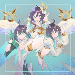 Rule 34 | 1boy, 2girls, ahoge, bangle, bare shoulders, benghuai xueyuan, black hair, blue background, bracelet, braid, breasts, cape, character request, detached sleeves, feathered wings, feathers, flower, genshin impact, gloves, gradient hair, green eyes, green hair, hair between eyes, hair flower, hair ornament, hand to own mouth, highres, honkai (series), hood, hood down, jewelry, long hair, long sleeves, looking at viewer, mamt56, midriff, mihoyo, multicolored hair, multiple girls, navel, open mouth, power connection, ring, scarf, short hair, simple background, skirt, tattoo, trap, twin braids, two-tone hair, venti (archon) (genshin impact), venti (genshin impact), wendy (benghuai xueyuan), wendy (honkai impact), white flower, wings