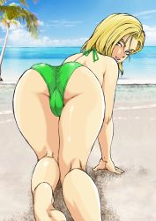 Rule 34 | 1girl, absurdres, all fours, android 18, ass, back, bare arms, bare legs, bare shoulders, barefoot, beach, bikini, blonde hair, blue eyes, bob cut, cameltoe, cloud, dragon ball, dragonball z, feet, from behind, green bikini, highres, kugayama hodai, legs, looking back, naughty face, ocean, outdoors, palm tree, parted lips, sand, short hair, sky, smile, solo, swimsuit, thighs, tree, water