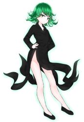 Rule 34 | 1girl, black dress, black footwear, child, dress, full body, glowing, gradient background, green eyes, green hair, hands on own hips, highres, matching hair/eyes, nemuaki, one-punch man, shoes, solo, tatsumaki