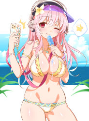 Rule 34 | 1girl, beach, bikini, breasts, cellphone, cleavage, cowboy shot, food, headphones, highres, holding, holding phone, large breasts, long hair, nitroplus, one eye closed, outstretched arm, phone, pink eyes, pink hair, popsicle, selfie, smartphone, solo, super sonico, swimsuit, taking picture, wanaca