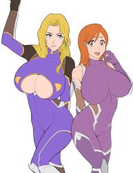 Rule 34 | 2girls, absurdres, akiyama rinko (cosplay), arm up, bare shoulders, bleach, blonde hair, blue eyes, bodysuit, breasts, brown eyes, cleavage, cleavage cutout, clothing cutout, cosplay, covered erect nipples, covered navel, cowboy shot, groin, hair over shoulder, hand up, highres, hip focus, huge breasts, igawa asagi (cosplay), inoue orihime, iwao178, large breasts, legs, legs together, long hair, looking at viewer, matsumoto rangiku, mole, mole under mouth, multiple girls, open mouth, orange hair, parted lips, pink bodysuit, purple bodysuit, simple background, skin tight, smile, standing, taimanin (series), thighs, white background