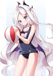 Rule 34 | 1girl, absurdres, ball, blue archive, collarbone, commentary request, demon girl, demon horns, demon wings, hair ornament, hairclip, hareriya, highres, hina (blue archive), hina (swimsuit) (blue archive), holding, holding ball, horns, long hair, looking at viewer, name tag, old school swimsuit, purple eyes, school swimsuit, sidelocks, simple background, solo, swimsuit, whistle, whistle around neck, white background, white hair, wings