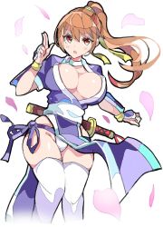 Rule 34 | 1girl, breasts, cleavage, dead or alive, enpe, highres, kasumi (doa), large breasts, long hair, pelvic curtain, petals, ponytail, sword, thighs, weapon