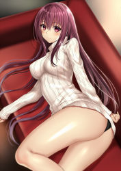 Rule 34 | 1girl, ass, bad id, bad pixiv id, black panties, breasts, closed mouth, couch, fate/grand order, fate (series), hair between eyes, harimoji, large breasts, long hair, looking at viewer, lying, on side, panties, purple hair, red eyes, ribbed sweater, scathach (fate), solo, sweater, thighs, turtleneck, turtleneck sweater, underwear, white sweater