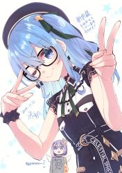 Rule 34 | 2girls, alternate costume, amane kanata, bespectacled, blue eyes, blue hair, blush, commentary request, glasses, hair ornament, highres, hikawa shou, hololive, hoshimachi suisei, hoshimachi suisei (streetwear), looking at viewer, medium hair, multiple girls, one eye closed, open mouth, short hair, simple background, smile, v, virtual youtuber, white background