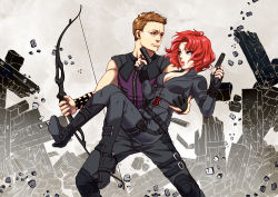 Rule 34 | 1boy, 1girl, animification, archery, avengers (series), bare arms, black widow, bodysuit, boots, bow (weapon), breasts, brown hair, buckle, cleavage, clint barton, dual wielding, fingerless gloves, floating, floating object, gloves, gun, hawkeye (marvel), high heel boots, high heels, holding, marvel, natasha romanoff, red hair, rubble, short hair, vivienne9westwood, weapon