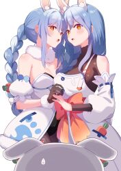 Rule 34 | 2girls, absurdres, animal ear fluff, animal ears, apron, blue hair, blush, braid, braided ponytail, breasts, cream (nipakupa), food-themed hair ornament, hair ornament, highres, hololive, long hair, mature female, mother and daughter, multicolored hair, multiple girls, open mouth, pekomama, pekomon, rabbit ears, rabbit girl, red eyes, short eyebrows, thick eyebrows, twin braids, two-tone hair, usada pekora, virtual youtuber, white hair
