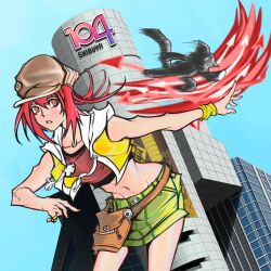Rule 34 | 1girl, absurdres, brown eyes, building, cabbie hat, city, claws, energy, fanny pack, female focus, green skirt, hat, highres, hood, hooded jacket, jacket, jewelry, long hair, looking at viewer, midriff, miniskirt, misaki shiki, necklace, nyantan, outdoors, red hair, red shirt, shirt, skirt, solo, stuffed animal, stuffed cat, stuffed toy, subarashiki kono sekai, yellow jacket