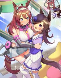 Rule 34 | 2girls, ahoge, animal ears, blue eyes, breasts, brown hair, commentary request, hair over one eye, highres, horse ears, horse girl, horse tail, katwo, long hair, looking at another, medium breasts, mihono bourbon (umamusume), multiple girls, necktie, open mouth, pink neckwear, purple eyes, rice shower (umamusume), school uniform, skirt, tail, thighhighs, tilted headwear, tracen school uniform, umamusume, white skirt, white thighhighs, zettai ryouiki