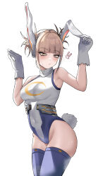 Rule 34 | 1girl, absurdres, animal ears, armpits, bags under eyes, bare legs, bare shoulders, belly, blonde hair, blush, boku no hero academia, borrowed clothes, breasts, cosplay, double bun, gloves, groin, hair bun, highres, hip bones, large breasts, legs, looking at viewer, messy hair, mirko, mirko (cosplay), navel, rabbit ears, rabbit tail, simple background, skin tight, solo, tail, thighs, tight clothes, toga himiko, white background, white gloves, wide hips, yellow eyes, zd (pixiv6210083)