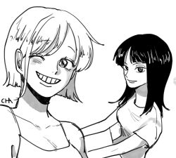 Rule 34 | 2girls, bad id, bad twitter id, blunt bangs, book, camisole, chacha (op chacha ), commentary request, greyscale, korean commentary, looking at viewer, medium hair, monochrome, multiple girls, nami (one piece), nico robin, one eye closed, one piece, shirt, short hair, simple background, single sidelock, smile