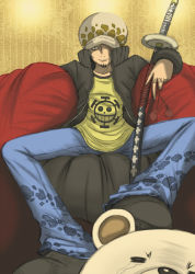 Rule 34 | 1boy, bad id, bad pixiv id, bear, beard, bepo, black hair, coat, couch, crying, denim, facial hair, hat, heart pirates, jagi (nexboy), jeans, katana, long sideburns, male focus, one piece, open clothes, open coat, pants, red upholstery, sheath, sheathed, sitting, solo focus, sword, tattoo, trafalgar law, weapon