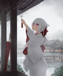 Rule 34 | 1girl, absurdres, architecture, cowboy shot, east asian architecture, grey sky, guo582, hair ribbon, highres, japanese clothes, kimono, long hair, looking up, miko, original, outdoors, ponytail, purple eyes, rain, red ribbon, reflective floor, ribbon, sidelocks, sky, solo, temple, umbrella, white hair, white kimono, wide sleeves
