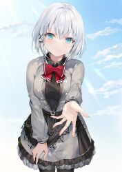 Rule 34 | 1girl, belt buckle, black shirt, black skirt, black thighhighs, blue eyes, blue sky, bow, bowtie, breasts, buckle, closed mouth, grey jacket, grey skirt, hair between eyes, hair ornament, highres, jacket, large breasts, layered skirt, leaning forward, light rays, light smile, looking at viewer, momoko (momopoco), outstretched arm, reaching, red bow, red bowtie, shirt, short hair, siesta (tantei wa mou shindeiru), skirt, sky, solo, sunbeam, sunlight, thighhighs, white hair, x hair ornament