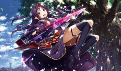 Rule 34 | 10s, 1girl, ahoge, cloud, day, female focus, full body, gabiran, gloves, holding, holding sword, holding weapon, konno yuuki (sao), long hair, long sleeves, looking at viewer, open mouth, petals, pointy ears, purple hair, red eyes, sky, solo, sword, sword art online, teeth, thighhighs, thighs, tree, weapon, wind, yuuki (sao)