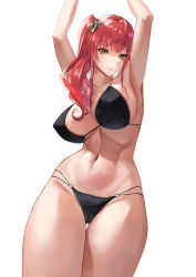 Rule 34 | 1girl, absurdres, azur lane, bikini, breasts, covered erect nipples, hair ornament, hands up, highres, italian flag, large breasts, long hair, looking at viewer, nonekong, o-ring, o-ring bikini, red hair, side ponytail, simple background, solo, swimsuit, white background, yellow eyes, zara (azur lane), zara (poolside coincidence) (azur lane)