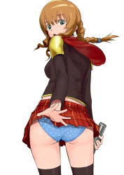 Rule 34 | 1girl, armor, ass, bad id, bad pixiv id, black thighhighs, blue panties, blush, braid, breasts, brown hair, cape, capelet, cinque (fft-0), clothes lift, curly hair, drill hair, final fantasy, final fantasy type-0, from behind, green eyes, kiku (kztk5528), long hair, looking at viewer, looking back, looking down, open mouth, panties, pauldrons, polka dot, polka dot panties, shiny skin, shoulder armor, simple background, single braid, skirt, skirt lift, solo, standing, thighhighs, twin drills, underwear, upskirt, white background