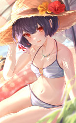 Rule 34 | 1girl, absurdres, bikini, blush, flower, hair between eyes, hat, hibiscus, highres, idolmaster, idolmaster shiny colors, innertube, jewelry, looking at viewer, morino rinze, necklace, o-ring, o-ring bikini, plant, red eyes, sitting, sky cappuccino, smile, solo, straw hat, striped bikini, striped clothes, swim ring, swimsuit