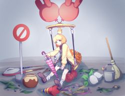 Rule 34 | 1girl, animal crossing, bell, black skirt, blonde hair, blush stickers, broom, brown footwear, bucket, commentary, english commentary, full body, highres, holding, isabelle (animal crossing), jacket, long sleeves, looking at viewer, nintendo, personification, pleated skirt, road closed to vehicles sign, shoes, short hair, sign, sitting, skirt, socks, solo, super smash bros., tenmuki, topknot, umbrella, white socks, yellow eyes, yellow jacket