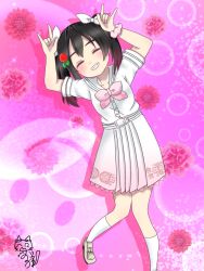 Rule 34 | 1girl, a song for you! you? you!, artist name, artist request, bare legs, belt, black hair, blush, bow, collarbone, closed eyes, female focus, flower, hair bow, hair flower, hair ornament, highres, leaf hair ornament, looking at viewer, love live!, love live! school idol festival, love live! school idol project, miniskirt, neckerchief, nico nico nii, parted lips, pink bow, pink neckerchief, pink scrunchie, plaid, plaid skirt, pleated, pleated skirt, red flower, sailor collar, scrunchie, shirt, shoes, short hair, short sleeves, short twintails, skirt, smile, socks, solo, standing, standing on one leg, teeth, twintails, white belt, white bow, white footwear, white sailor collar, white shirt, white skirt, white socks, wrist scrunchie, yazawa nico, yoruhanagai22