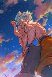 Rule 34 | 2boys, arm up, ass, bara, blue sky, couple, dougi, dragon ball, dragonball z, dry humping, feet out of frame, foreshortening, from below, happy, heads together, highres, holding hands, humping, interlocked fingers, large pectorals, male focus, multiple boys, muscular, muscular male, one eye closed, pectorals, receding hairline, short hair, sideburns, sky, son goku, spiked hair, stomach, supobi, thick eyebrows, thick thighs, thighs, topless male, ultra instinct, vegeta, yaoi
