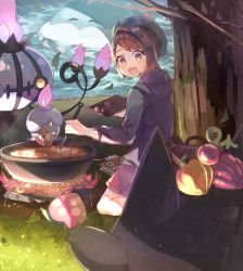 Rule 34 | 1girl, :d, berry (pokemon), blush, brown eyes, brown hair, cardigan, chandelure, commentary request, cooking, creatures (company), curry, dress, fire, food, game freak, gen 1 pokemon, gen 5 pokemon, gengar, gloria (pokemon), grass, green headwear, grey cardigan, hat, highres, holding, holding ladle, jellicent, jellicent (male), ladle, leaf, litwick, looking at viewer, nagatsukiariake, nintendo, open mouth, pink dress, pokemon, pokemon (creature), pokemon swsh, short hair, smile, tam o&#039; shanter, tree, water