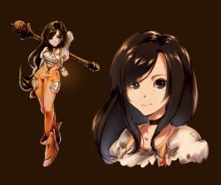 Rule 34 | 1girl, black hair, bodysuit, breasts, brown eyes, choker, closed mouth, final fantasy, final fantasy ix, garigarigurry, garnet til alexandros xvii, highres, jewelry, long hair, looking at viewer, necklace, orange bodysuit, simple background, smile, solo