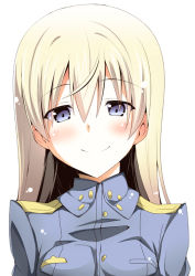 Rule 34 | 1girl, bad id, bad pixiv id, blonde hair, blue eyes, blush, eila ilmatar juutilainen, female focus, hajime (kin&#039;you club), long hair, military, military uniform, simple background, smile, solo, strike witches, uniform, upper body, white background, world witches series