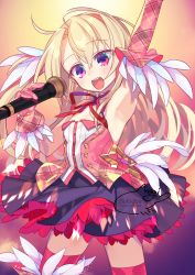 Rule 34 | 1girl, arm up, armpits, asymmetrical gloves, black skirt, blonde hair, blush, breasts, commentary request, fate/kaleid liner prisma illya, fate (series), feather hair ornament, feathers, gloves, hair between eyes, hair ornament, highres, illyasviel von einzbern, illyasviel von einzbern (prisma klangfest), long hair, looking at viewer, microphone, neck ribbon, negi (ulog&#039;be), one side up, open mouth, pink gloves, pink thighhighs, pink vest, plaid, red eyes, ribbon, sidelocks, skirt, small breasts, smile, solo, thighhighs, thighs, vest