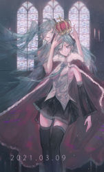 Rule 34 | 1girl, 2girls, absurdres, ahoge, aqua eyes, aqua hair, aqua nails, aqua necktie, bare shoulders, black skirt, black sleeves, black thighhighs, blouse, candle, cape, closed mouth, commentary, crown, dated, detached sleeves, dual persona, feet out of frame, fur-trimmed cape, fur trim, genn 00o, grey shirt, hair ornament, hatsune miku, highres, holding, holding crown, indoors, long hair, miniskirt, multiple girls, nail polish, necktie, parted lips, pleated skirt, red cape, shirt, skirt, sleeveless, sleeveless shirt, solo, stained glass, thighhighs, twintails, very long hair, vocaloid, window, zettai ryouiki