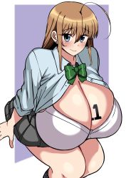 Rule 34 | 1girl, blue eyes, blush, body writing, bra, breasts, brown hair, clothes, ear piercing, female focus, gigantic breasts, highres, komusou (jinrikisha), long hair, looking at viewer, number tattoo, open clothes, original, piercing, plump, school uniform, simple background, sitting, skirt, smile, solo, tattoo, underwear, white bra