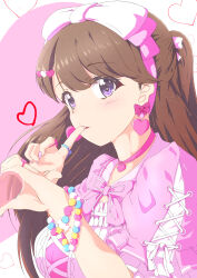 Rule 34 | 1girl, absurdres, bead bracelet, beads, bow, bow hairband, bowtie, bracelet, breasts, brown hair, choker, commentary, cross-laced clothes, cross-laced dress, dress, earrings, finger to mouth, frilled dress, frills, fujishima megumi, hair ornament, hair ribbon, hairband, half-heart hands, half updo, heart, heart bracelet, heart choker, heart earrings, heart hair ornament, highres, jewelry, large breasts, light blush, link! like! love live!, long hair, looking at viewer, love live!, neck, parted lips, pink background, pink bow, pink bowtie, pink choker, pink hairband, pink nails, pink ribbon, puffy short sleeves, puffy sleeves, purple eyes, rakinegimagi, ribbon, ring, short sleeves, solo, swept bangs, upper body, white bow