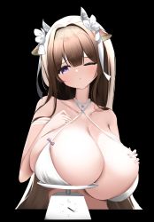 Rule 34 | 1girl, absurdres, animal ears, azur lane, bikini, breast conscious, breast rest, breast suppress, breasts, brown hair, cow ears, cow horns, criss-cross halter, flower, hair between eyes, hair flower, hair ornament, halterneck, hands on own chest, highres, horns, huge breasts, inconvenient breasts, kashino (hot springs relaxation) (azur lane), kashino (azur lane), long hair, nicorima, one eye closed, purple eyes, solo, swimsuit, upper body, very long hair, weighing breasts, weighing scale, white bikini, white flower