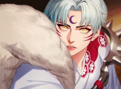 Rule 34 | 1boy, commentary request, crescent print, facial mark, forehead mark, highres, himmel (allsky83), inuyasha, japanese clothes, kimono, lips, long hair, looking at viewer, male focus, parted bangs, parted lips, pointy ears, portrait, sesshoumaru, solo, teeth, upper body, white hair, yellow eyes