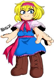 Rule 34 | 1girl, alice margatroid, blonde hair, blue dress, blue eyes, boots, brown footwear, capelet, closed mouth, commentary request, cookie (touhou), cross-laced footwear, dated, dress, flat chest, frilled hairband, frilled necktie, frilled sash, frills, full body, hairband, ichigo (cookie), looking at viewer, medium bangs, necktie, pink capelet, red hairband, red necktie, red sash, sash, short hair, simple background, smile, solo, tetugakuzonbi, touhou, white background
