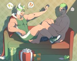 Rule 34 | !, 2boys, animal ears, bad id, bad twitter id, bara, black hair, blush, completely nude, convenient leg, couch, cow ears, cow horns, dual persona, facial hair, fake animal ears, flustered, full body, goatee, green hair, highres, holding, holding microphone, horns, ikusaba daisuke, knees up, male focus, microphone, multicolored hair, multiple boys, muscular, muscular male, nude, nywlub (bulwyn), on couch, pectorals, shoes, short hair, sideburns, sidepec, sitting, sneakers, sparkle, spoken blush, spoken exclamation mark, spoken sparkle, taurus mask, thighs, tokyo houkago summoners, two-tone hair, wrestling mask, wrestling outfit