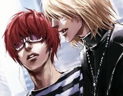 Rule 34 | 00s, 2boys, blonde hair, death note, goggles, headphones, jewelry, lily (artist), lowres, matt (death note), mello (death note), multiple boys, necklace, open mouth, red hair, rosary, scar, shueisha