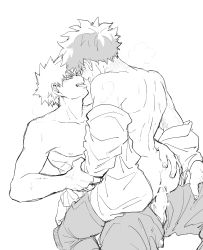Rule 34 | 2boys, absurdres, anal, arm grab, bakugou katsuki, bar censor, boku no hero academia, censored, freckles, greyscale, hand on another&#039;s hip, highres, looking at another, male focus, male penetrated, midoriya izuku, monochrome, multiple boys, penis, saliva, saliva trail, scar, scar on arm, sex, simple background, sketch, steam, straddling, sweat, tanuki happa, topless male, undressing, veins, veiny hands, white background, yaoi